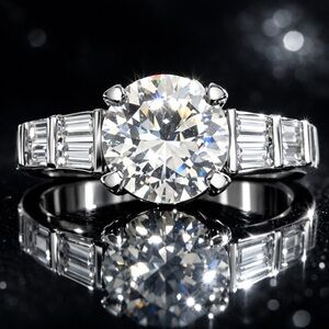 Round Cut Diamonique Solitaire Pave Baguettes Cz Engagement Ring sterling silver